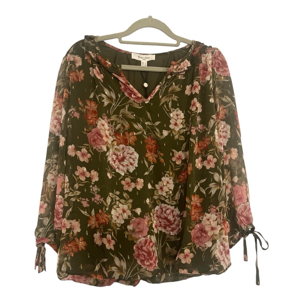 NWOT Haver + Blair London Green Red Floral Top Blouson‎ Waist Size small